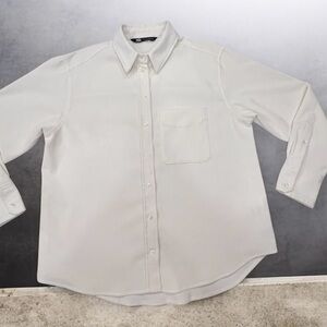 SARA women's white corduroy long-sleeved shirt with buttons on the front, size M